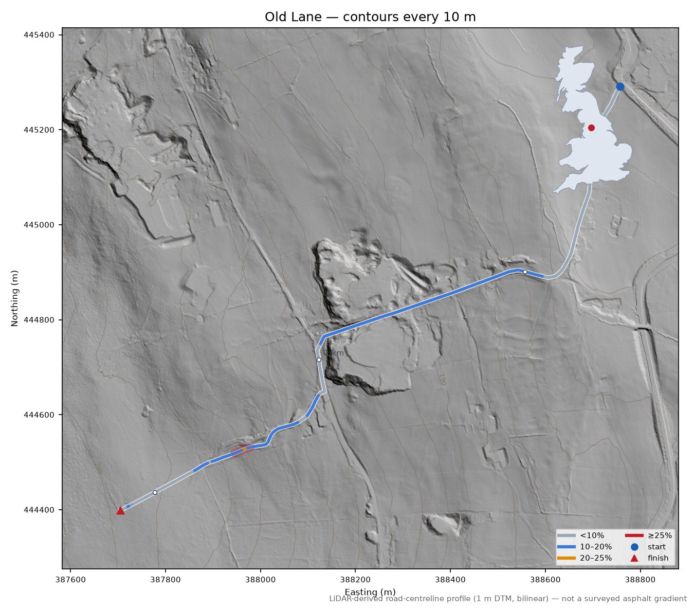 Old Lane LiDAR hillshade map with contours