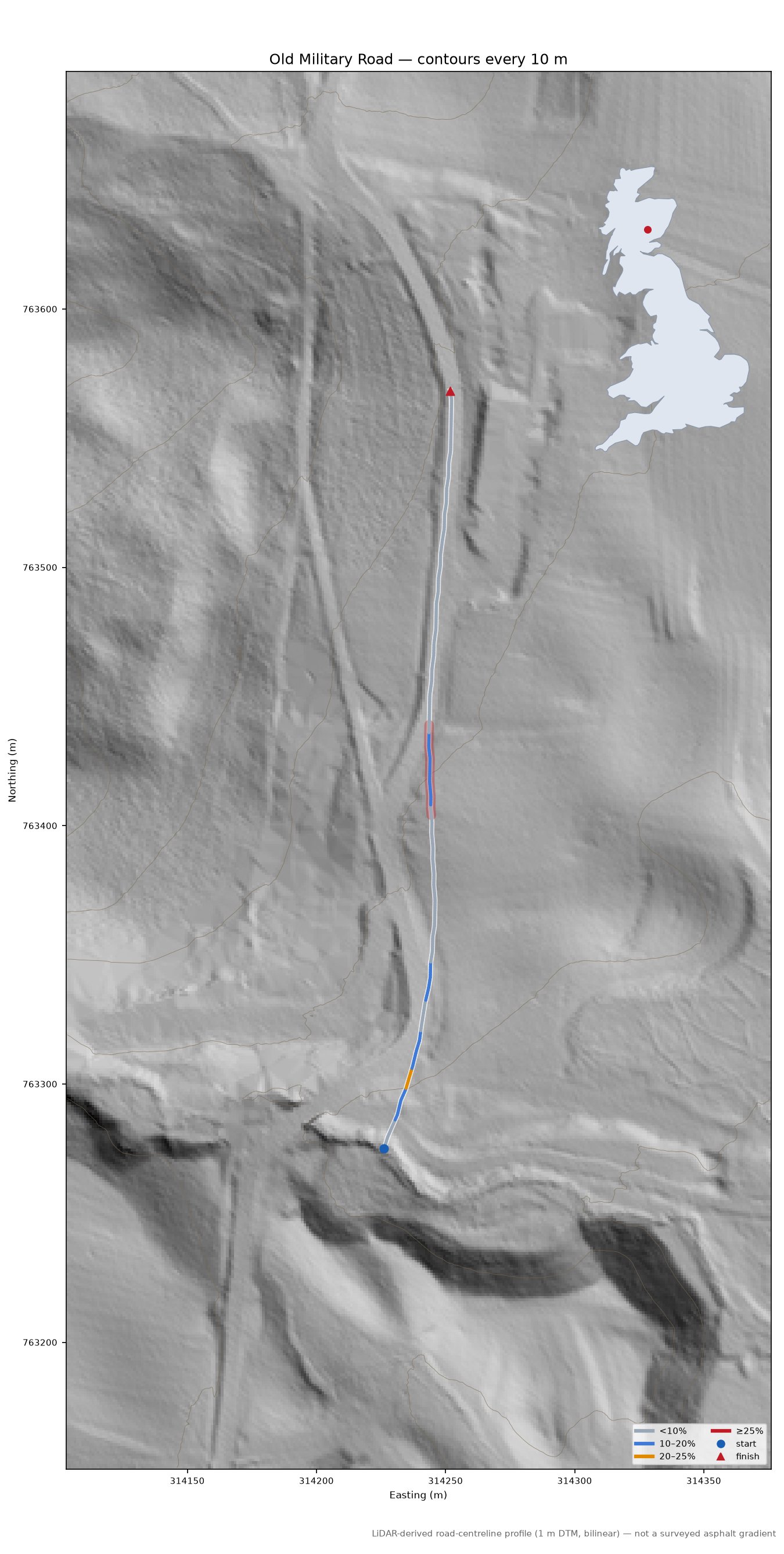 Old Military Road LiDAR hillshade map with contours
