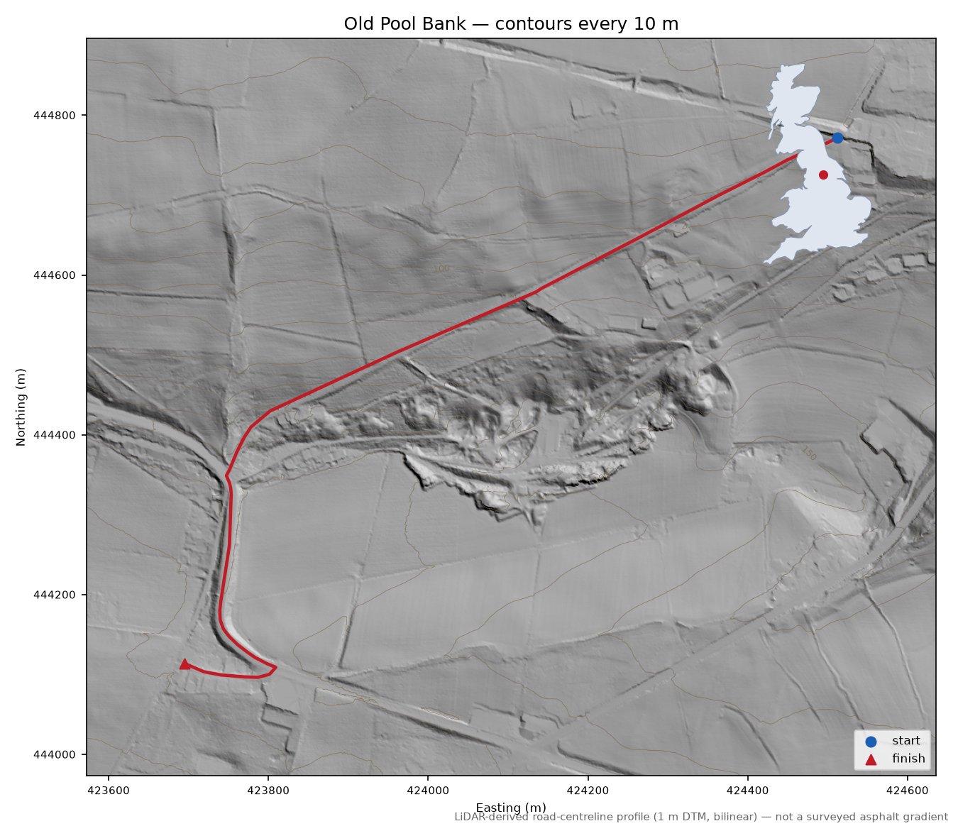 Old Pool Bank LiDAR hillshade map with contours