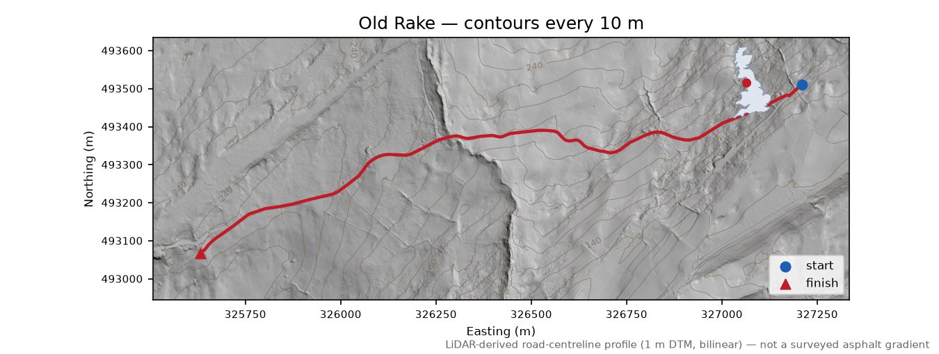Old Rake LiDAR hillshade map with contours