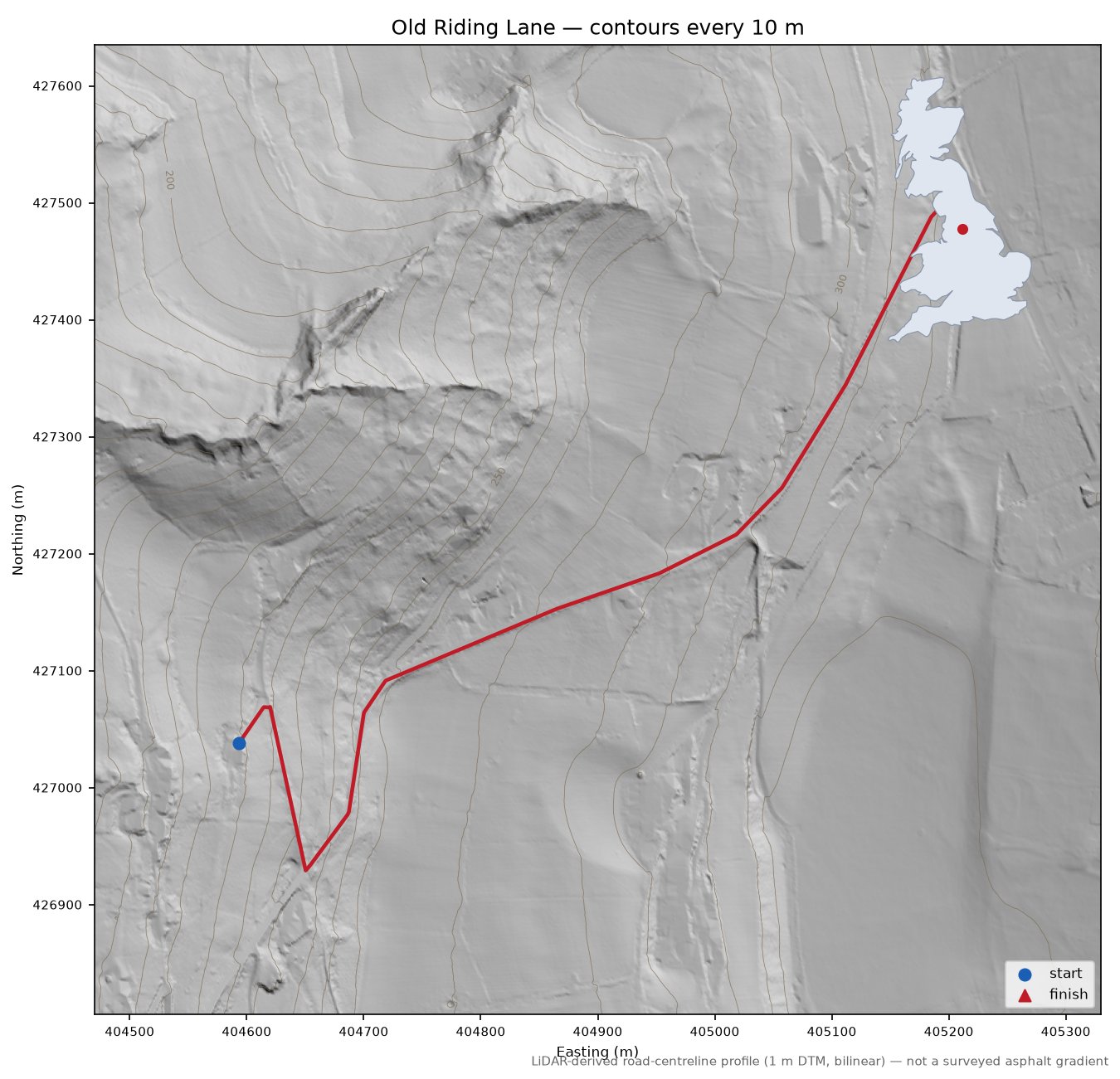 Old Riding Lane LiDAR hillshade map with contours