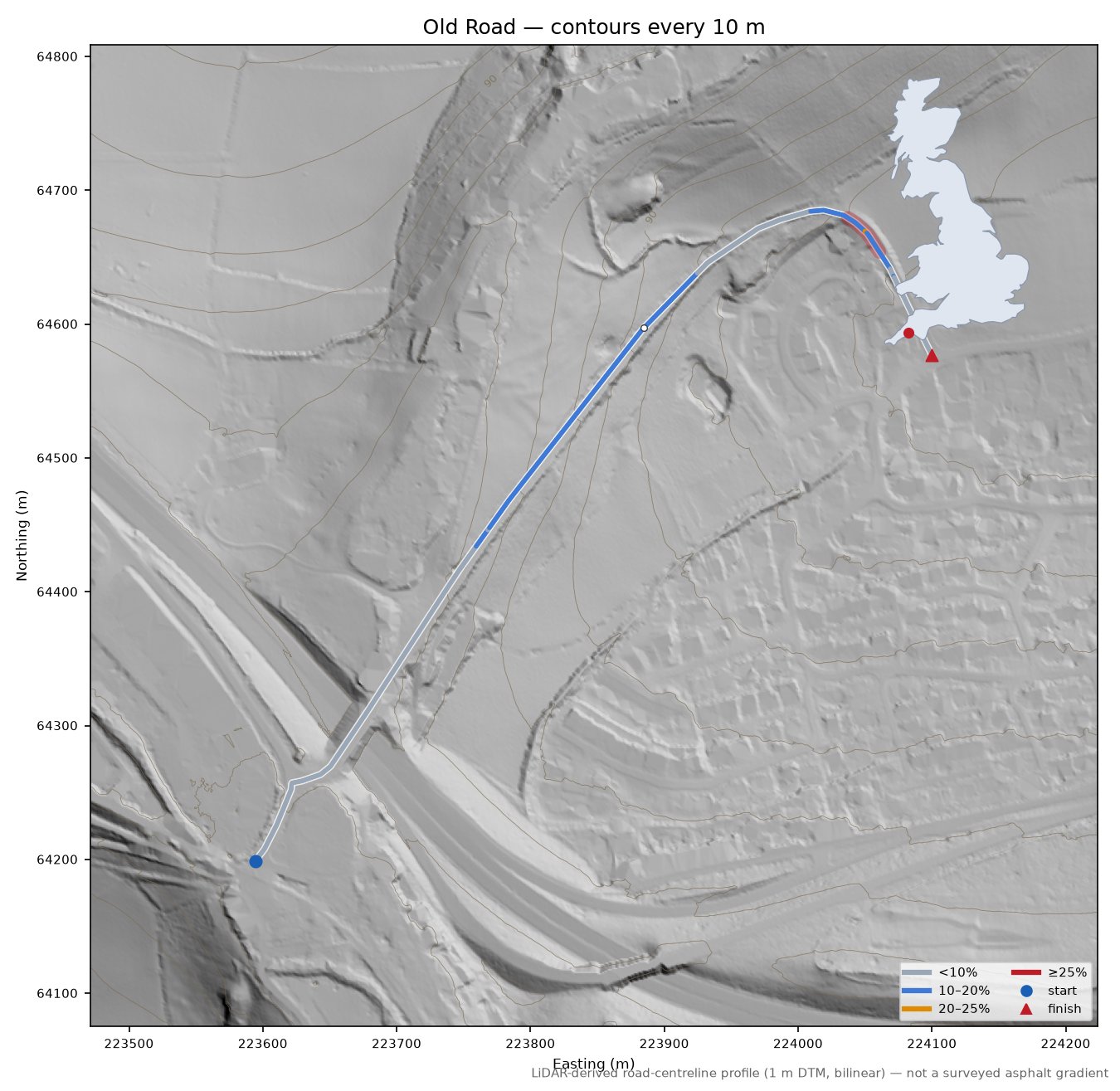 Old Road LiDAR hillshade map with contours