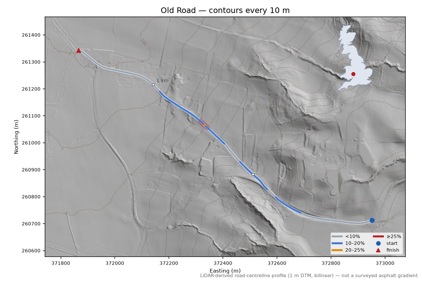 Old Road LiDAR hillshade map with contours