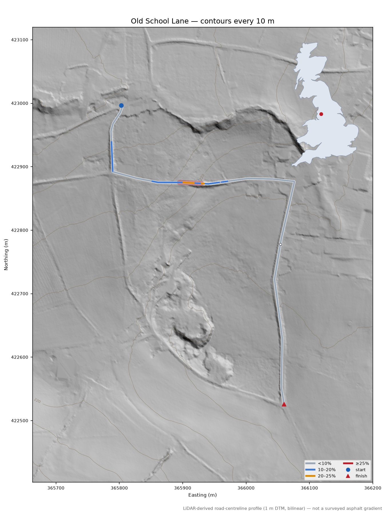 Old School Lane LiDAR hillshade map with contours