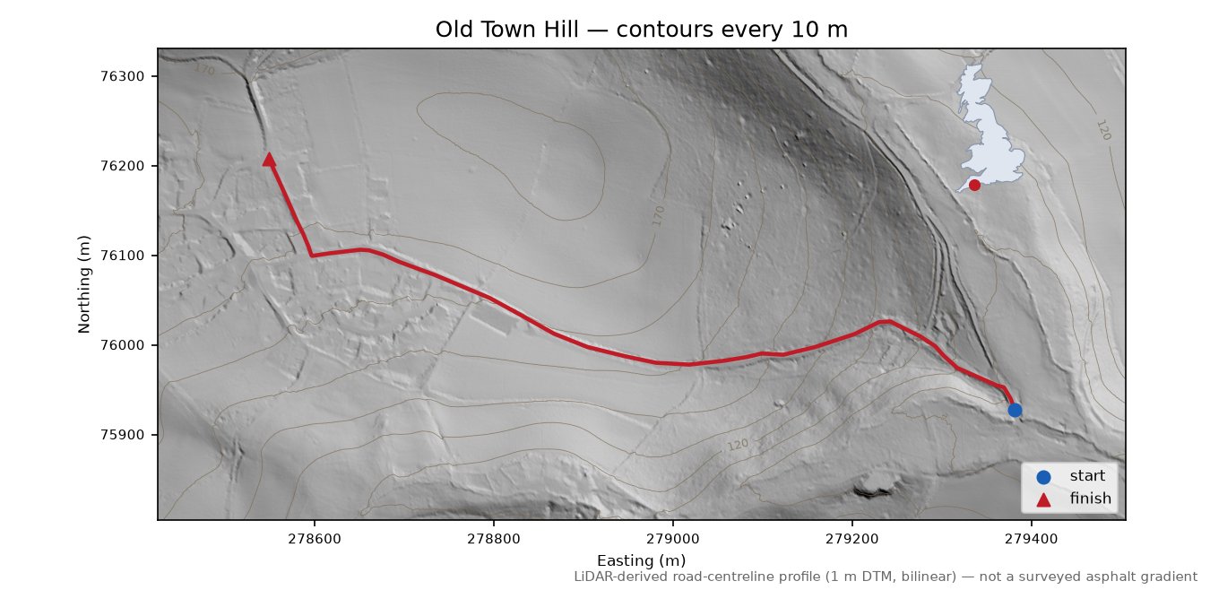 Old Town Hill LiDAR hillshade map with contours