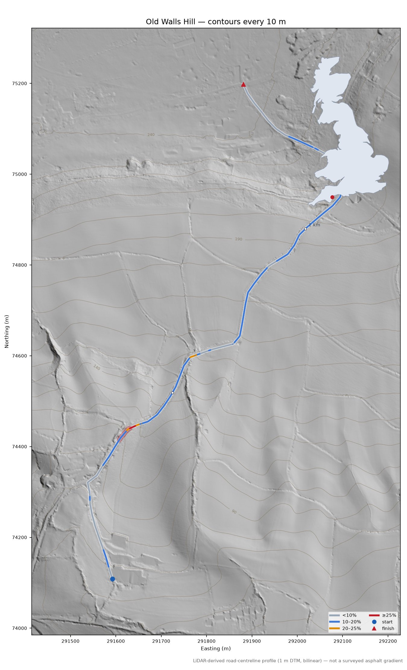 Old Walls Hill LiDAR hillshade map with contours