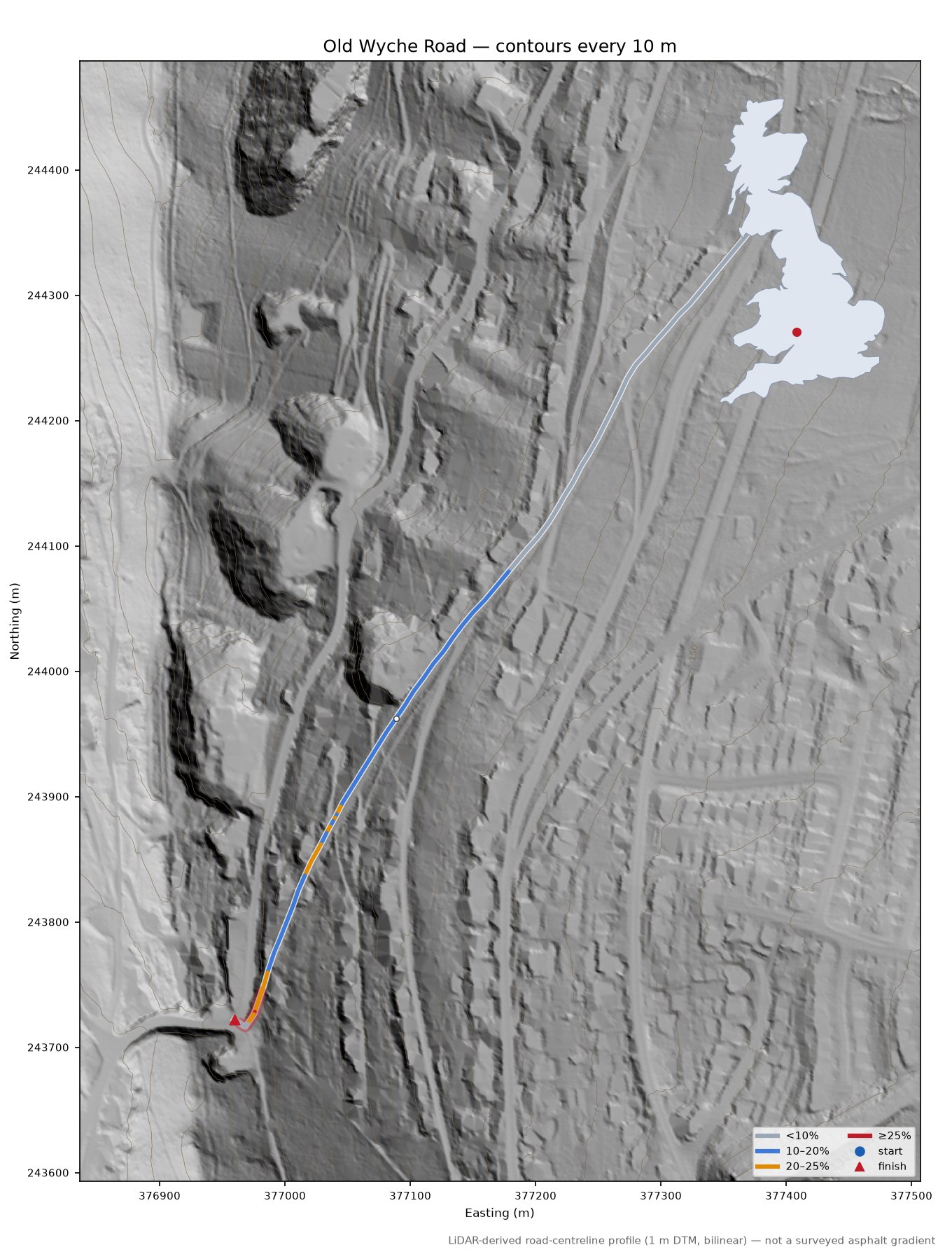 Old Wyche Road LiDAR hillshade map with contours