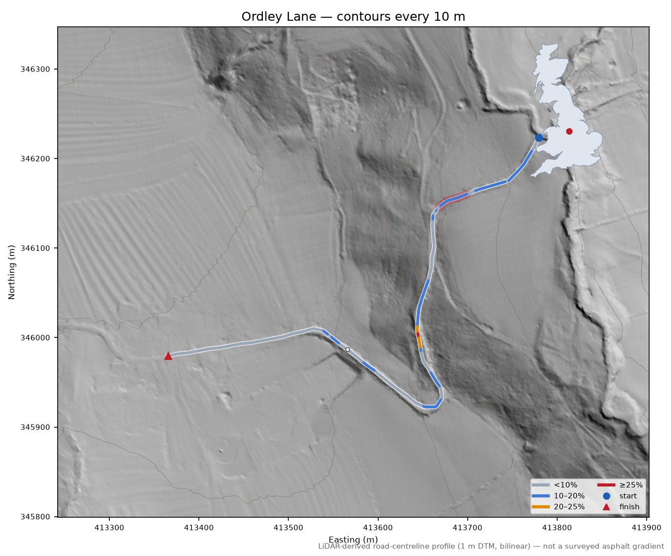Ordley Lane LiDAR hillshade map with contours
