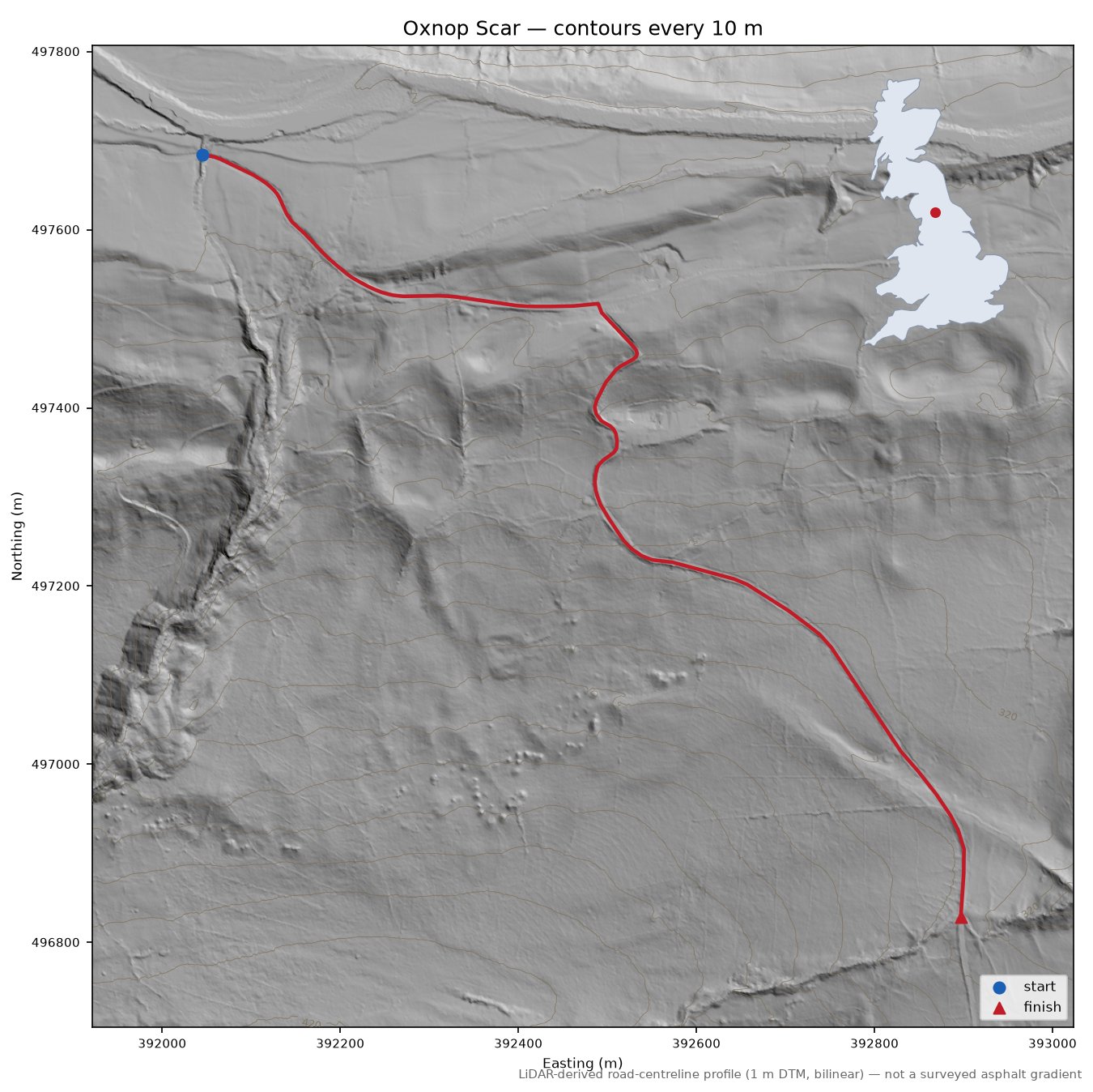 Oxnop Scar LiDAR hillshade map with contours