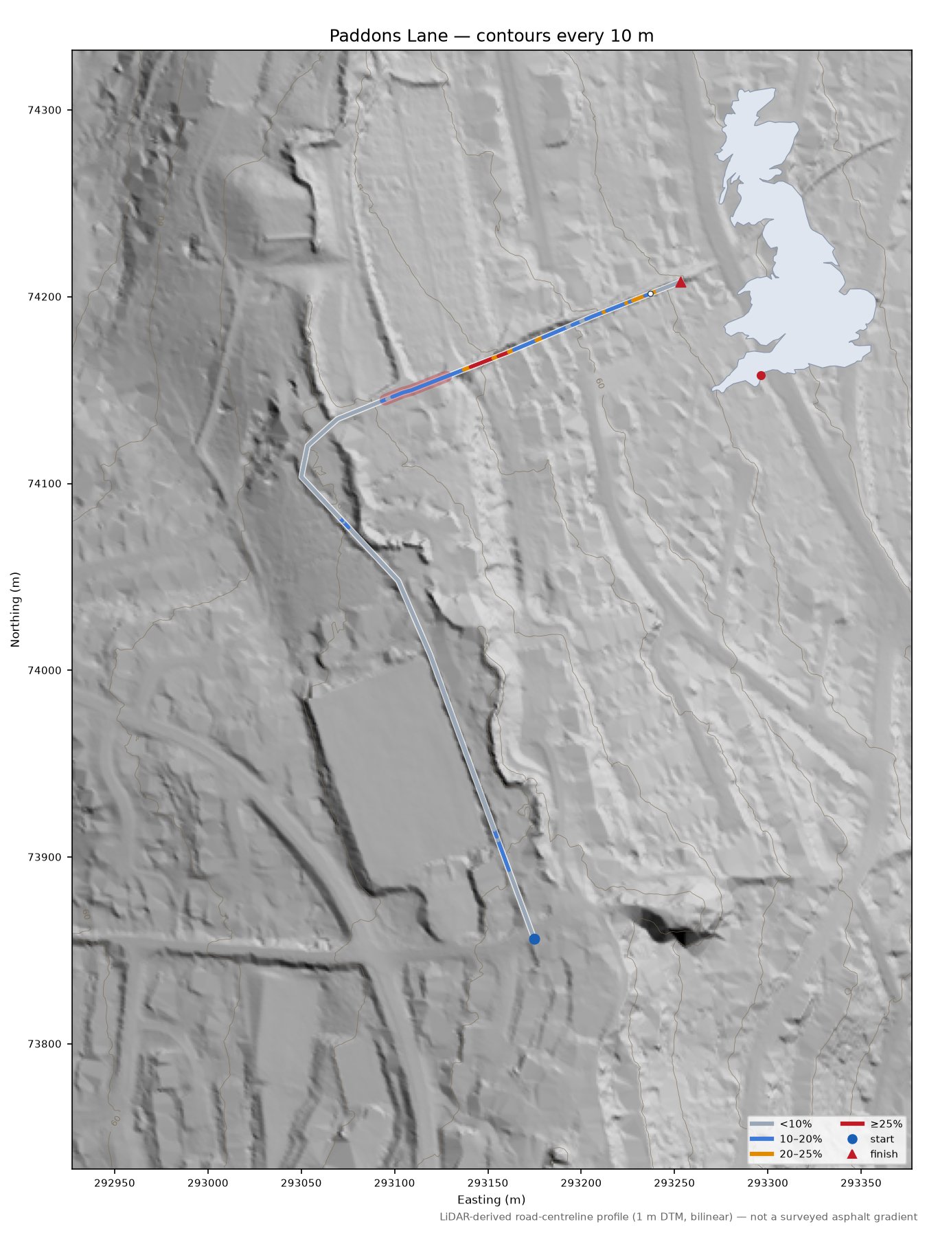 Paddons Lane LiDAR hillshade map with contours
