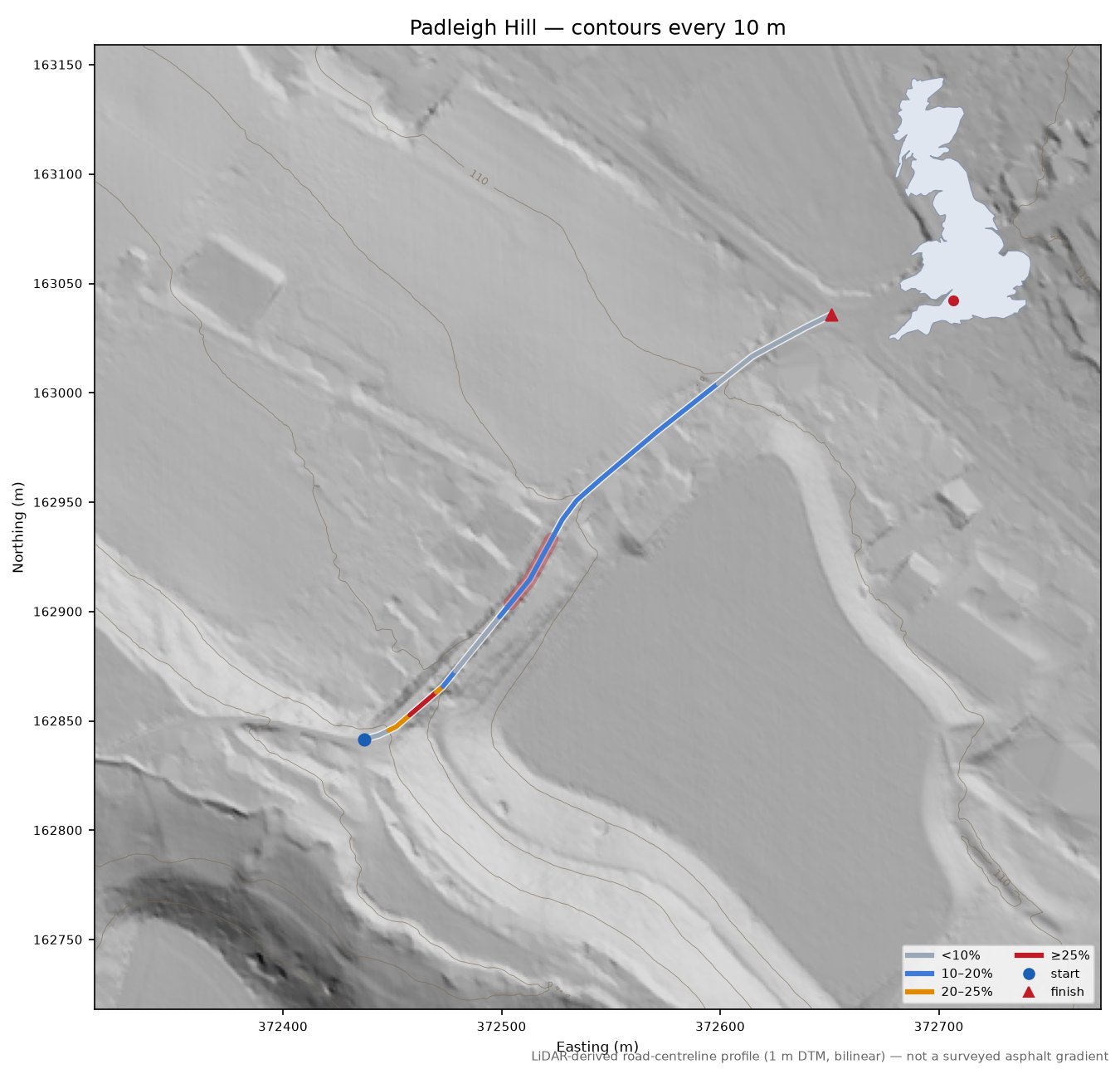 Padleigh Hill LiDAR hillshade map with contours