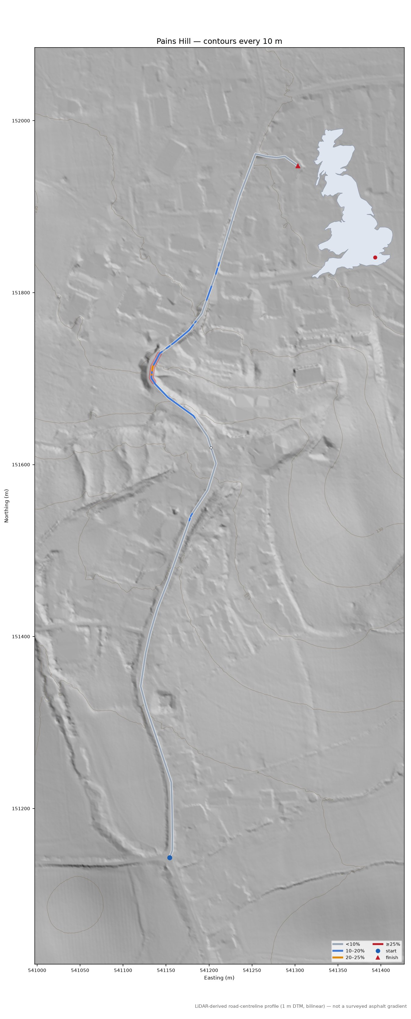Pains Hill LiDAR hillshade map with contours