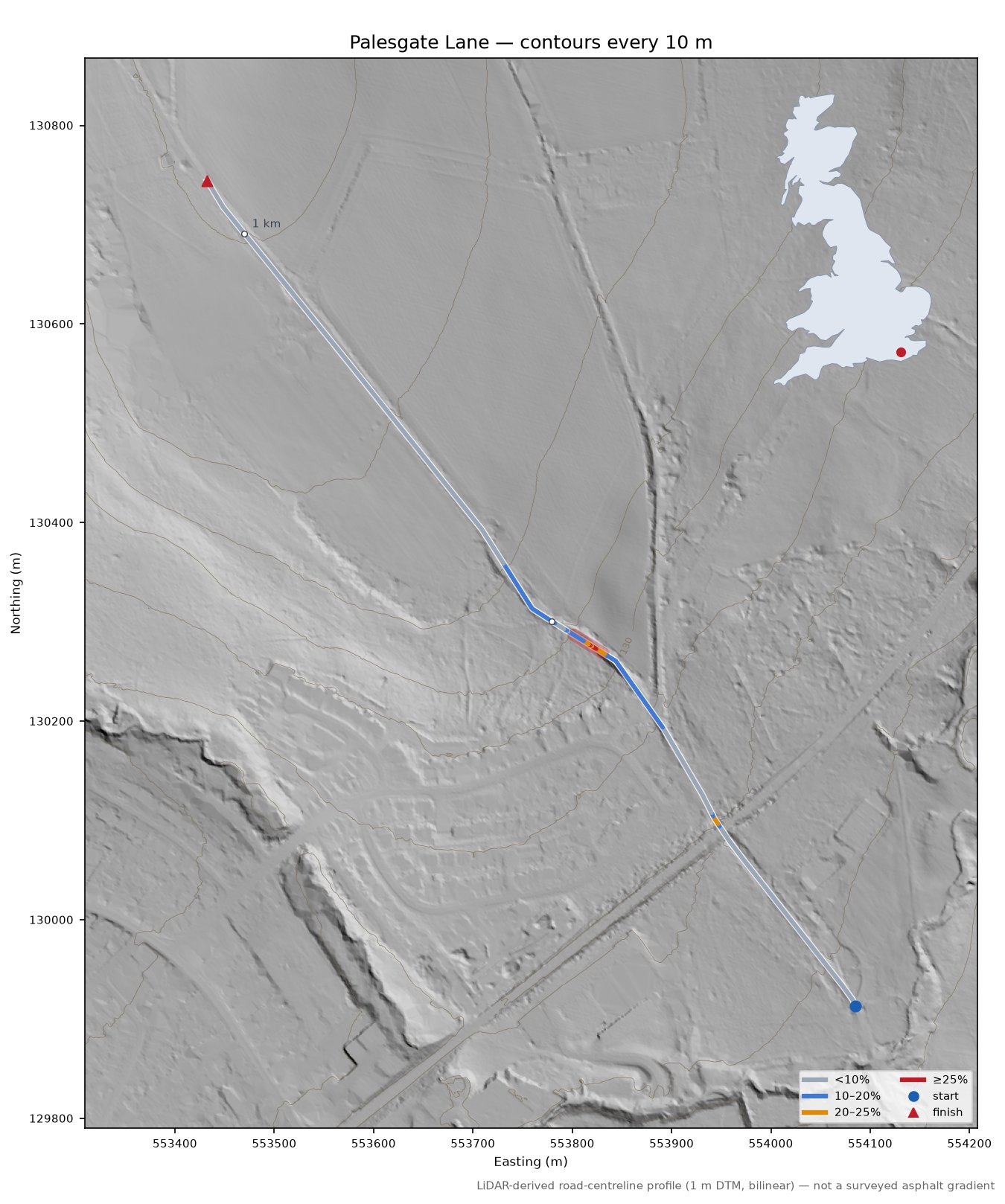 Palesgate Lane LiDAR hillshade map with contours
