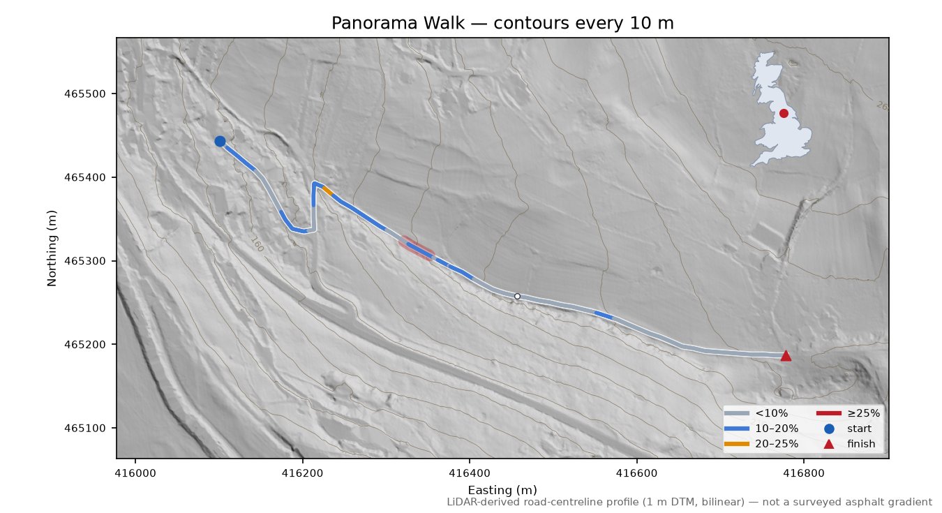 Panorama Walk LiDAR hillshade map with contours