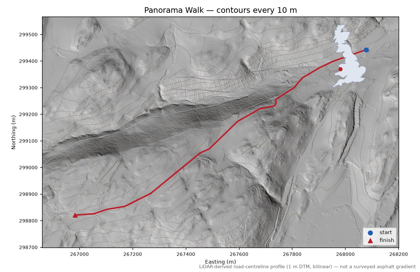 Panorama Walk LiDAR hillshade map with contours