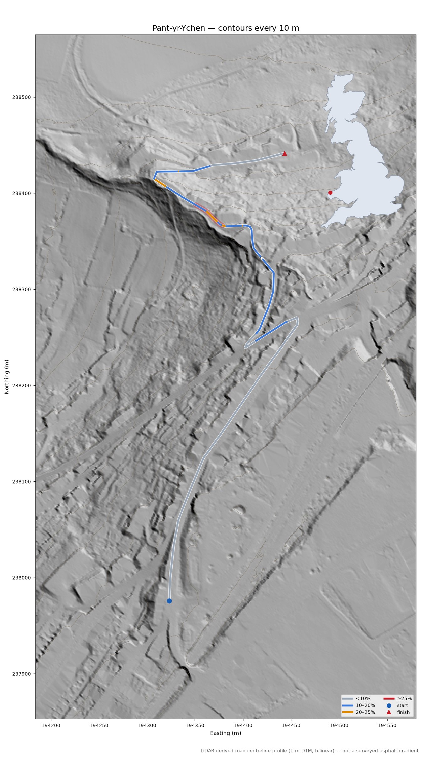 Pant-yr-Ychen LiDAR hillshade map with contours