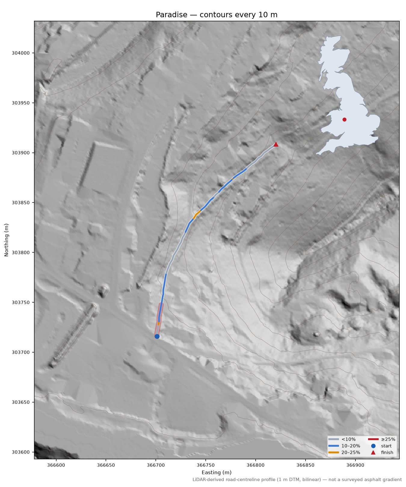 Paradise LiDAR hillshade map with contours