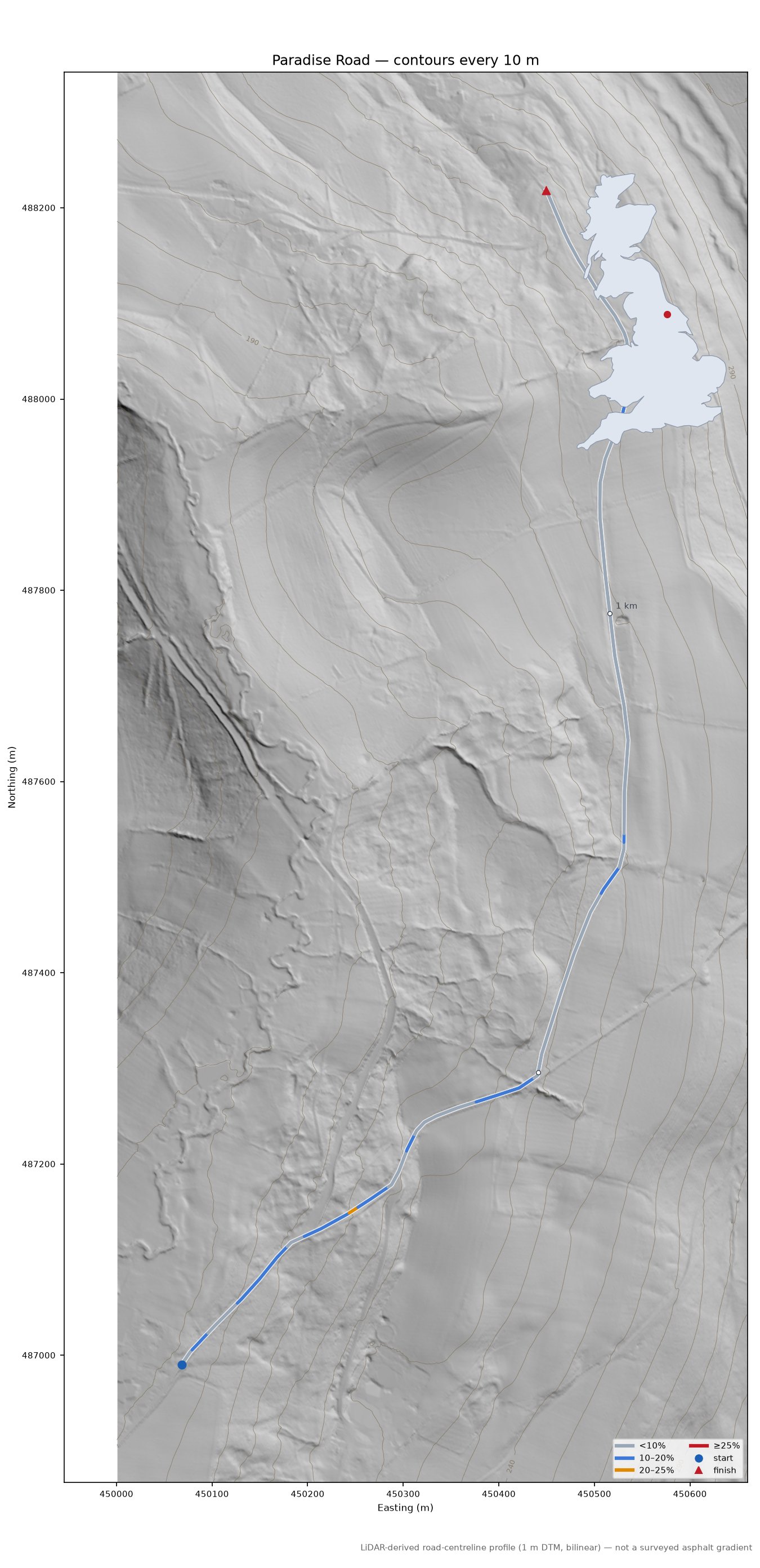 Paradise Road LiDAR hillshade map with contours