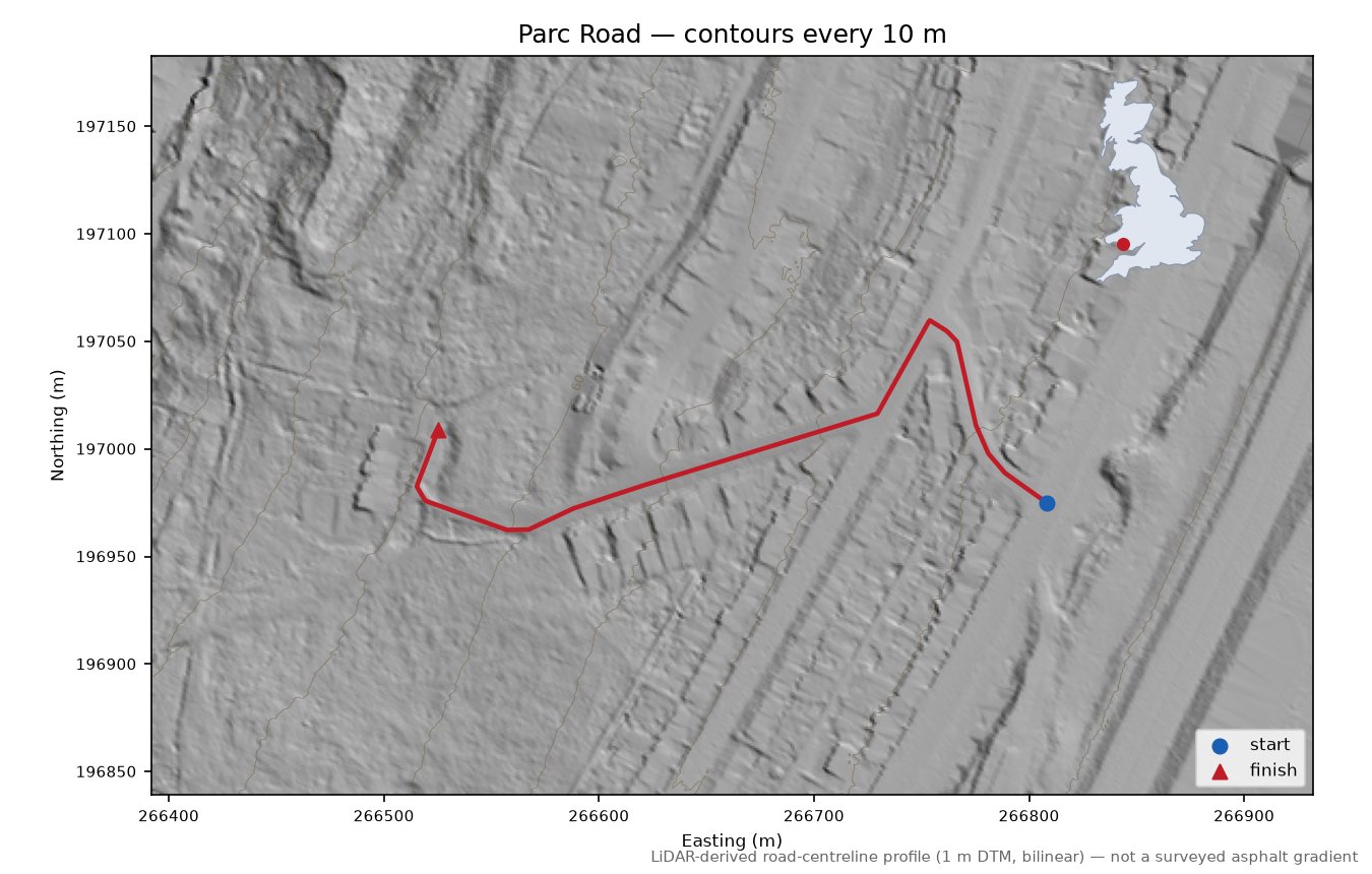 Parc Road LiDAR hillshade map with contours
