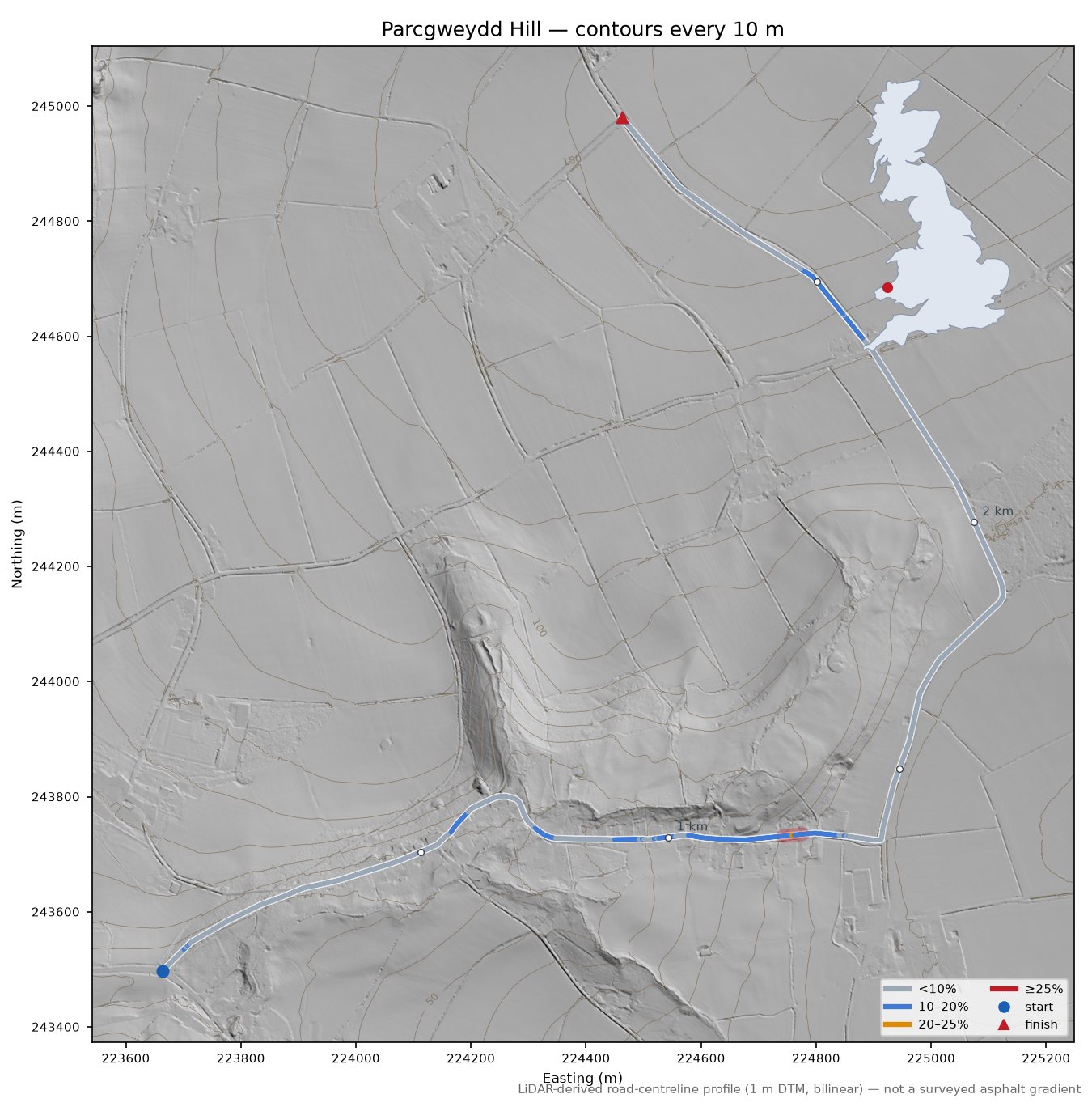 Parcgweydd Hill LiDAR hillshade map with contours