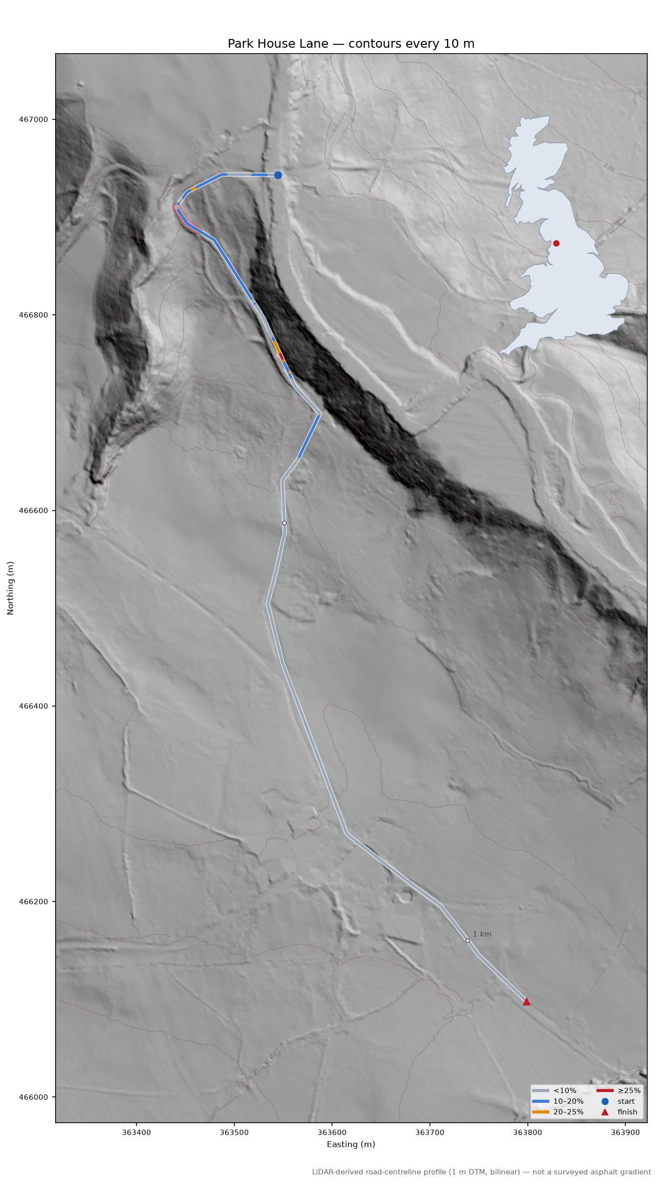 Park House Lane LiDAR hillshade map with contours