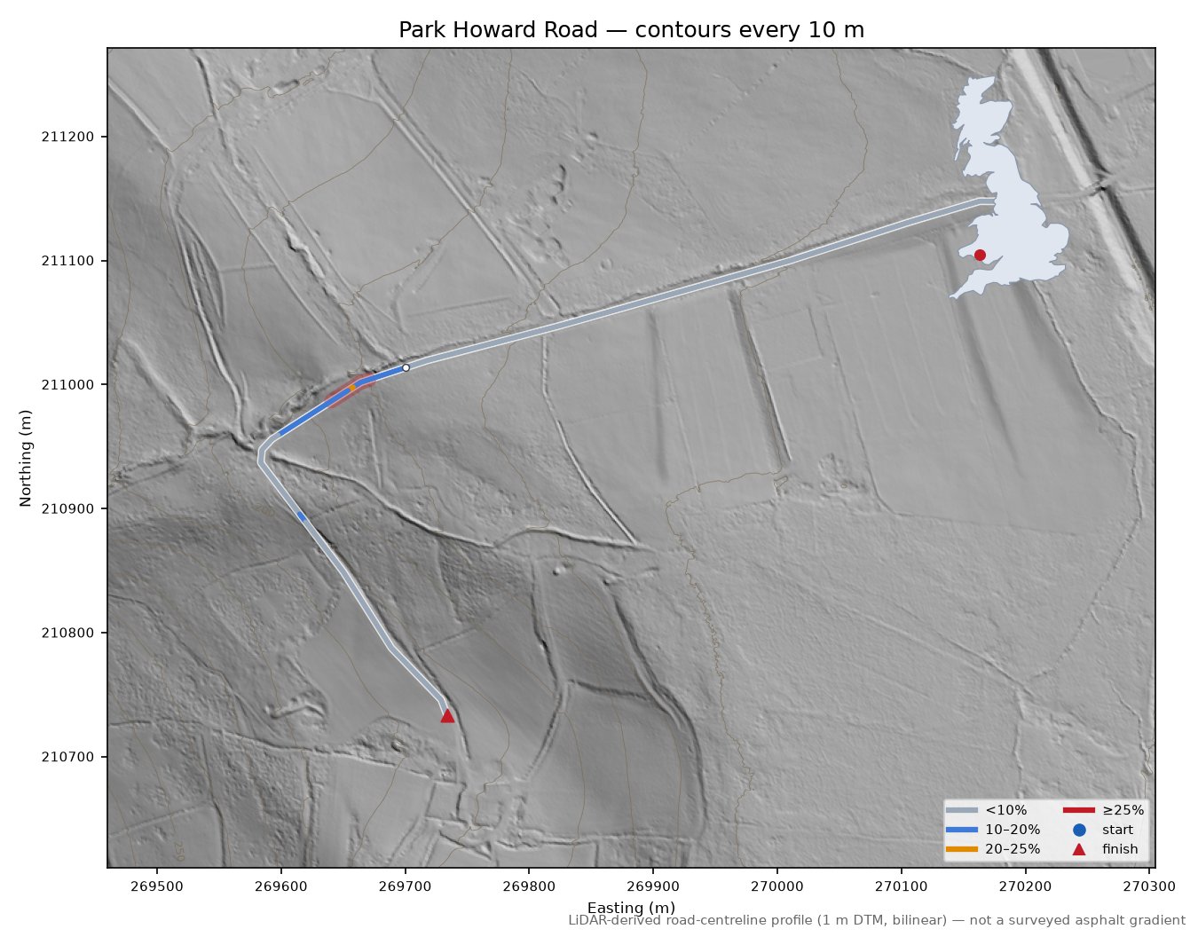 Park Howard Road LiDAR hillshade map with contours