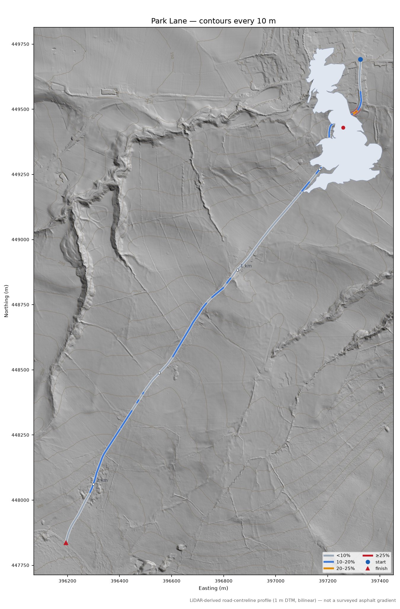 Park Lane LiDAR hillshade map with contours
