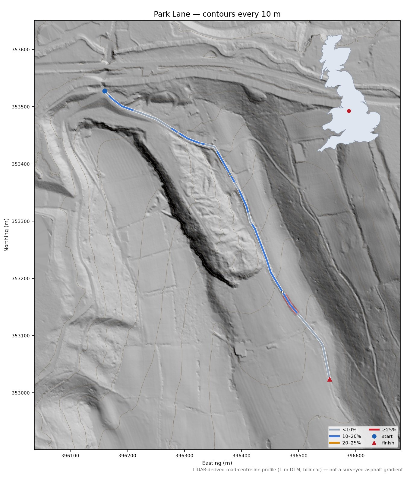 Park Lane LiDAR hillshade map with contours