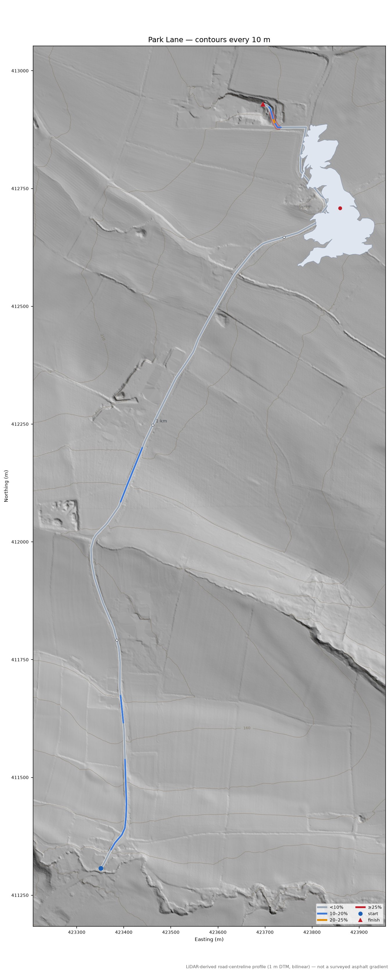 Park Lane LiDAR hillshade map with contours
