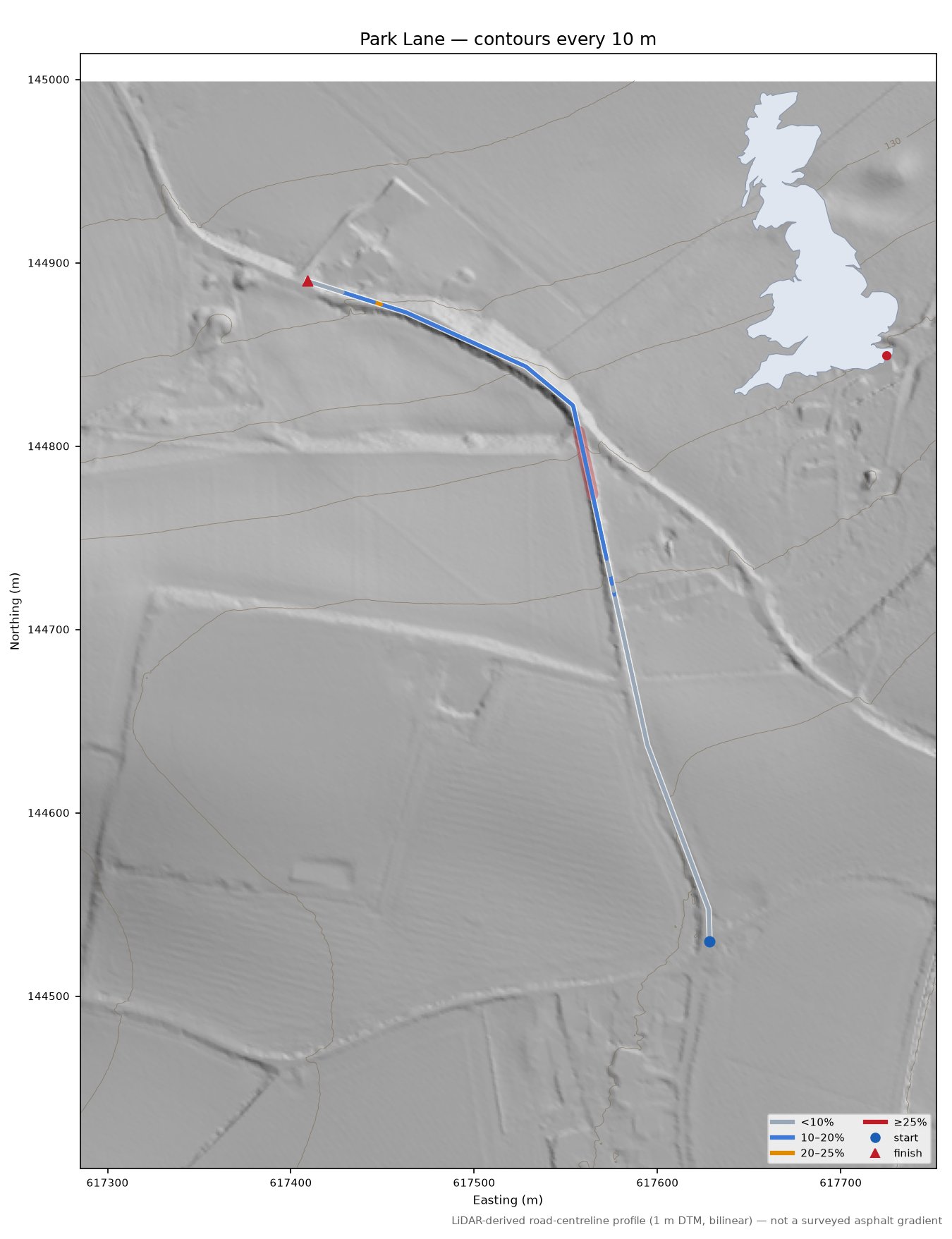 Park Lane LiDAR hillshade map with contours