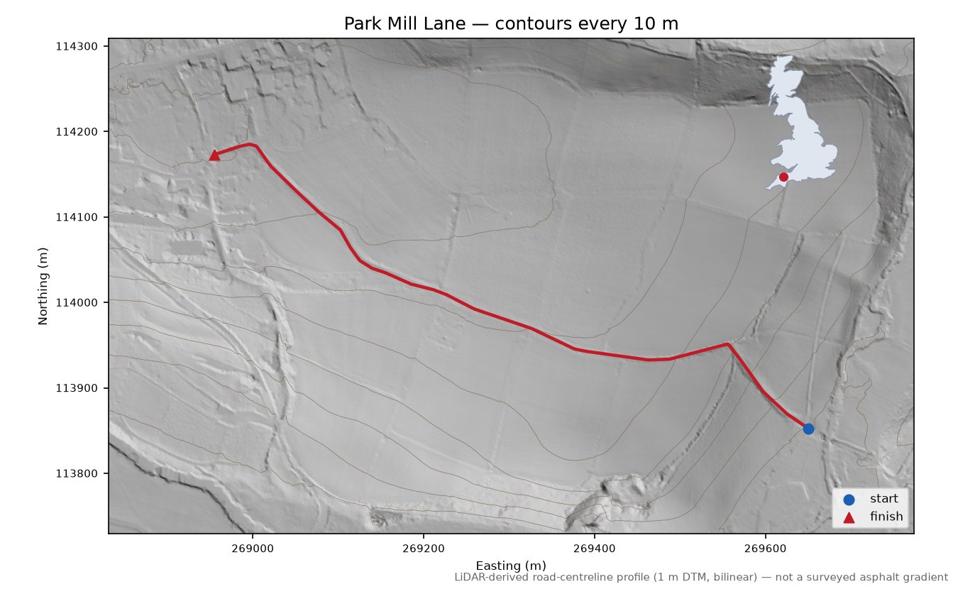 Park Mill Lane LiDAR hillshade map with contours