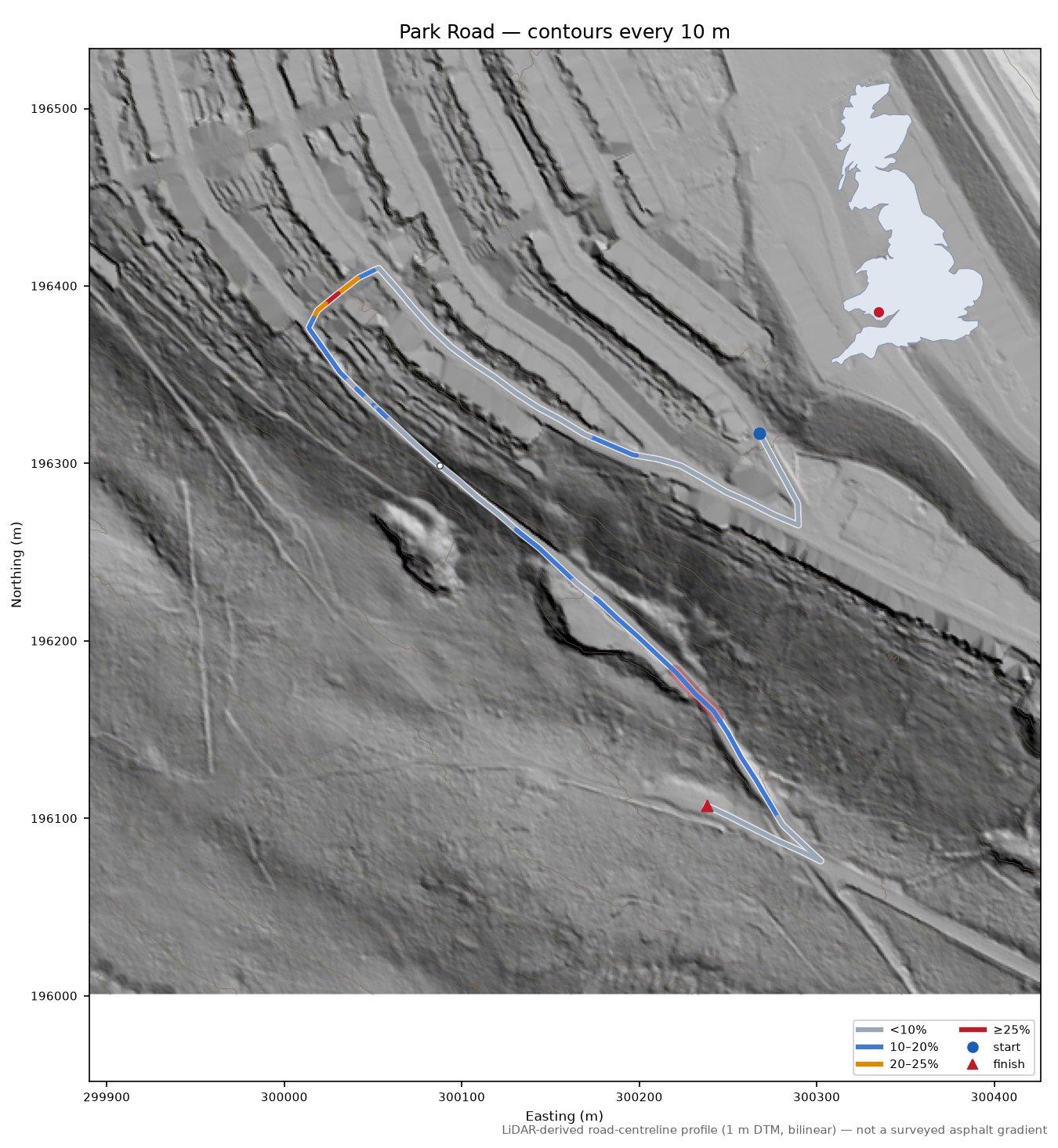 Park Road LiDAR hillshade map with contours