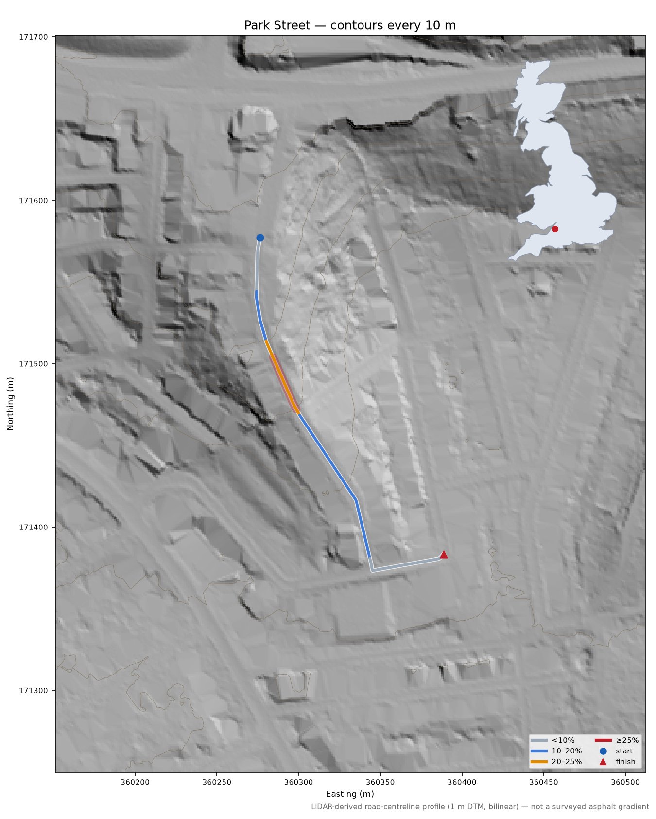 Park Street LiDAR hillshade map with contours