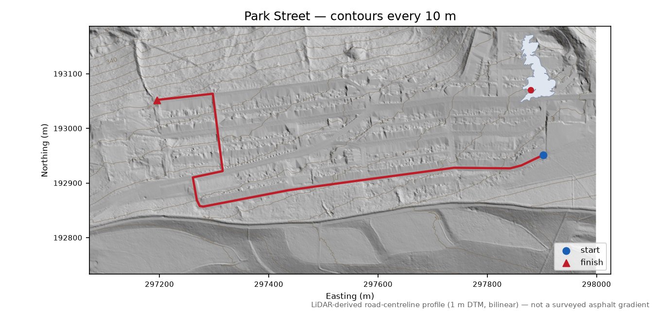 Park Street LiDAR hillshade map with contours