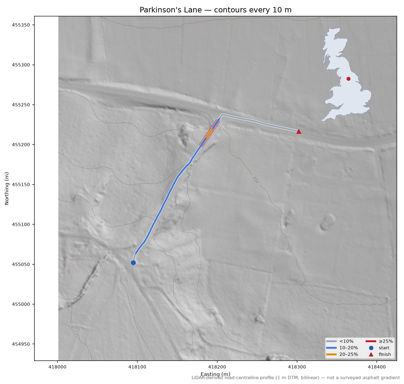 Parkinson's Lane LiDAR hillshade map with contours