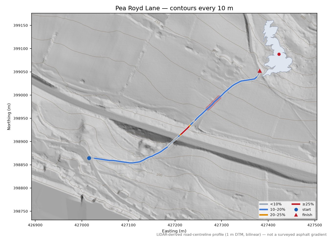 Pea Royd Lane LiDAR hillshade map with contours