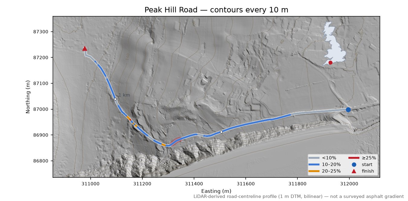 Peak Hill Road LiDAR hillshade map with contours