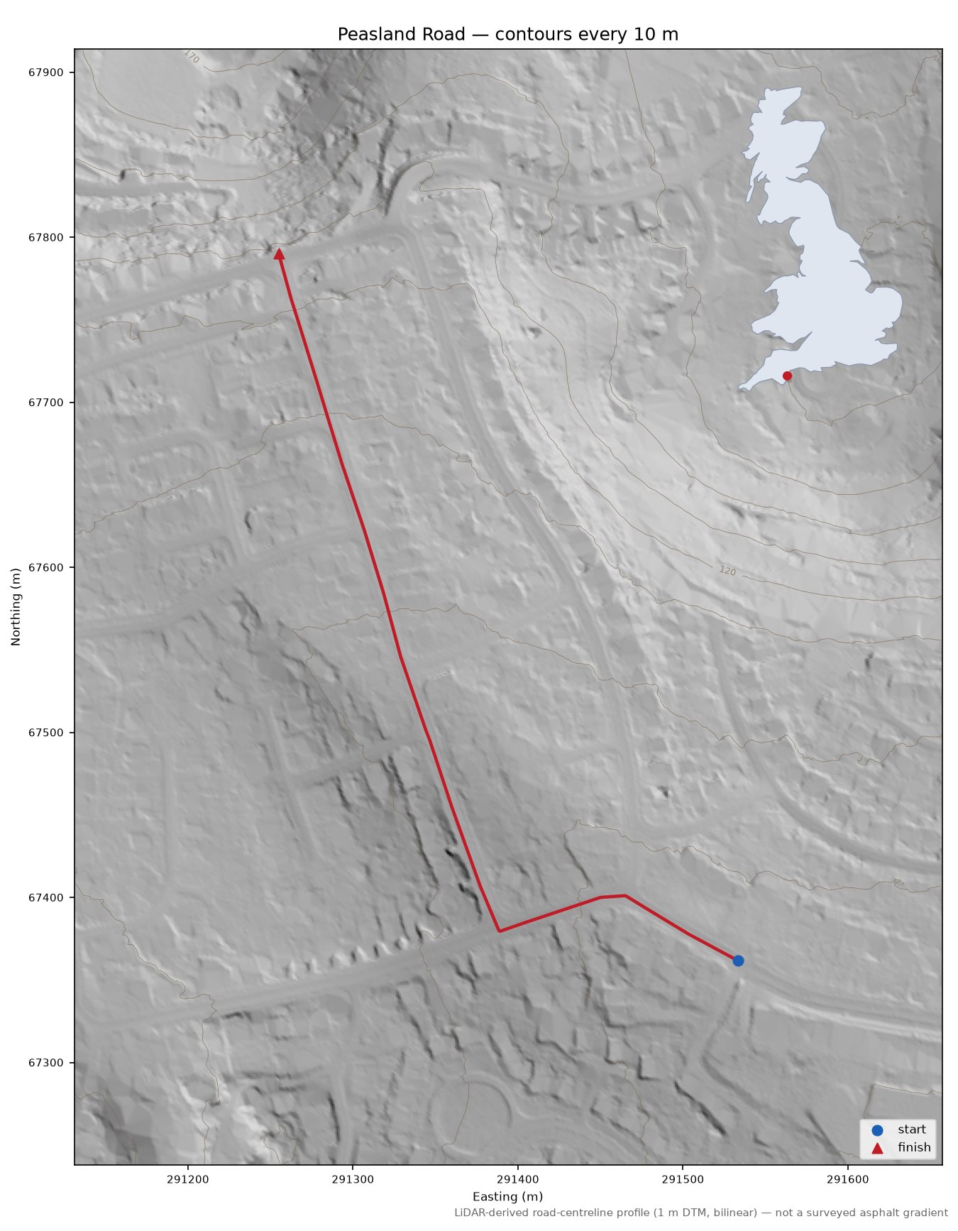Peasland Road LiDAR hillshade map with contours