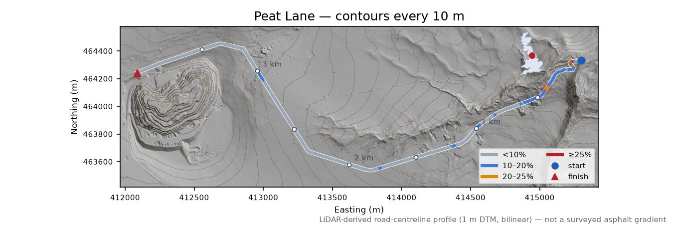 Peat Lane LiDAR hillshade map with contours