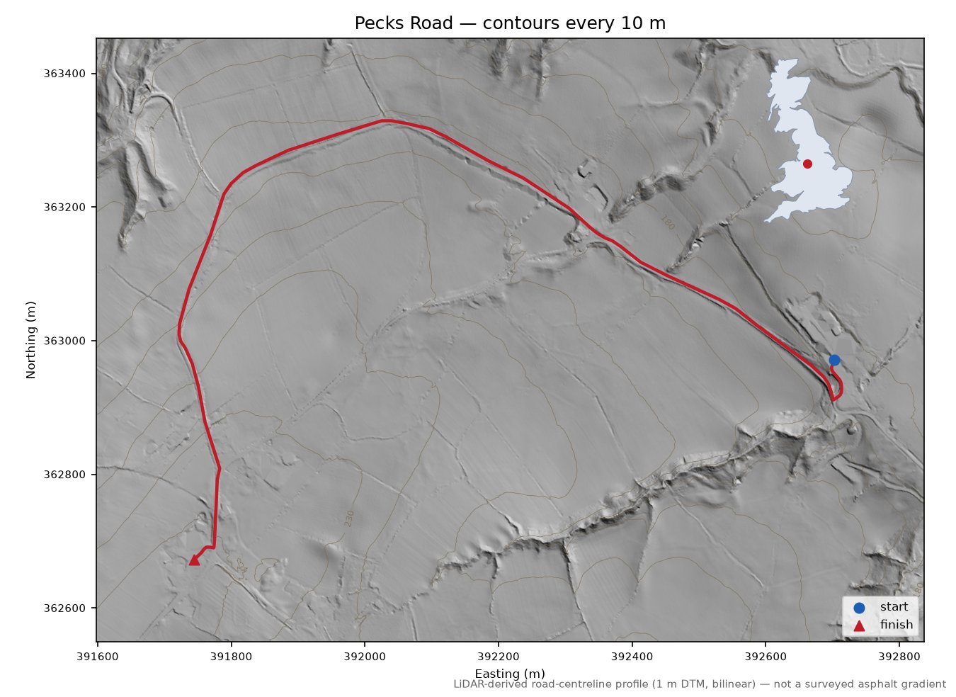 Pecks Road LiDAR hillshade map with contours