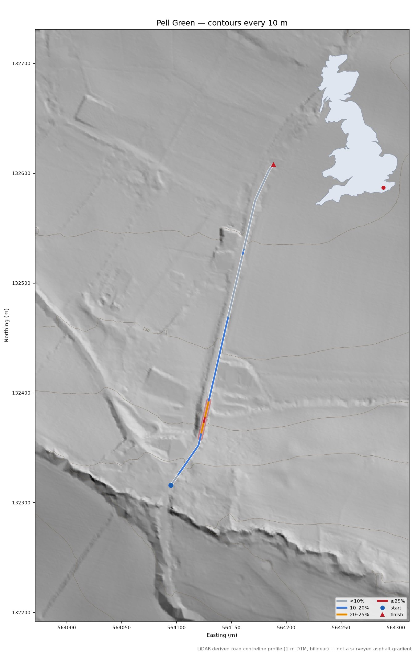 Pell Green LiDAR hillshade map with contours
