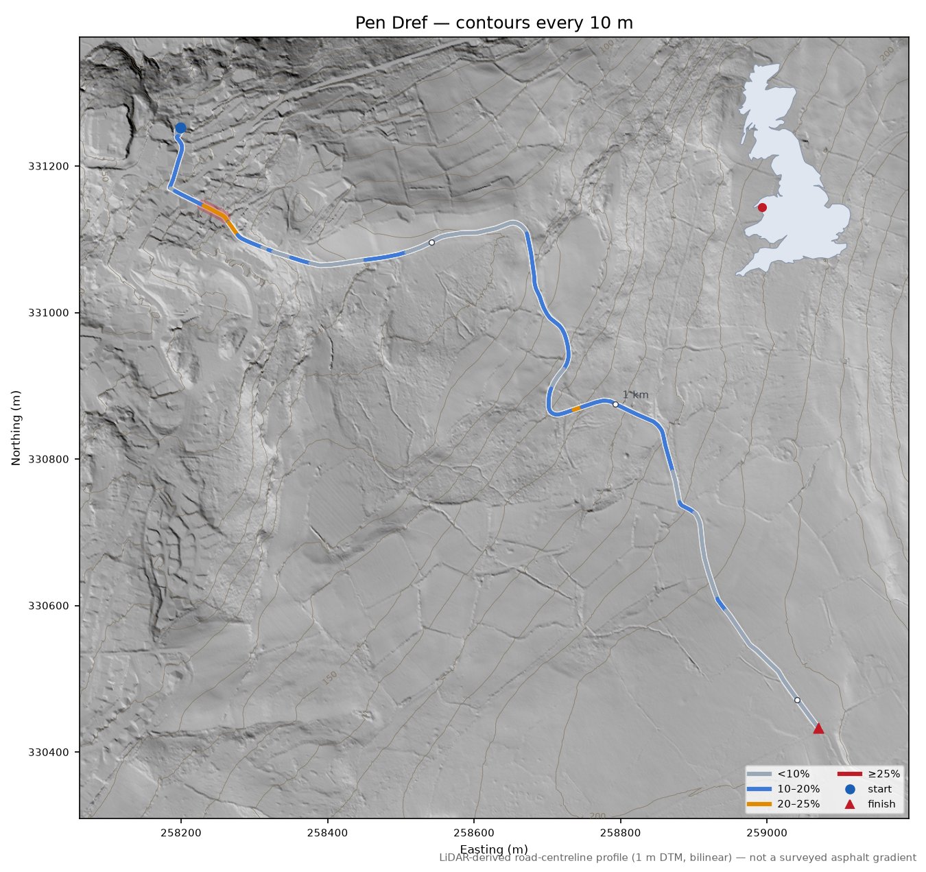 Pen Dref LiDAR hillshade map with contours