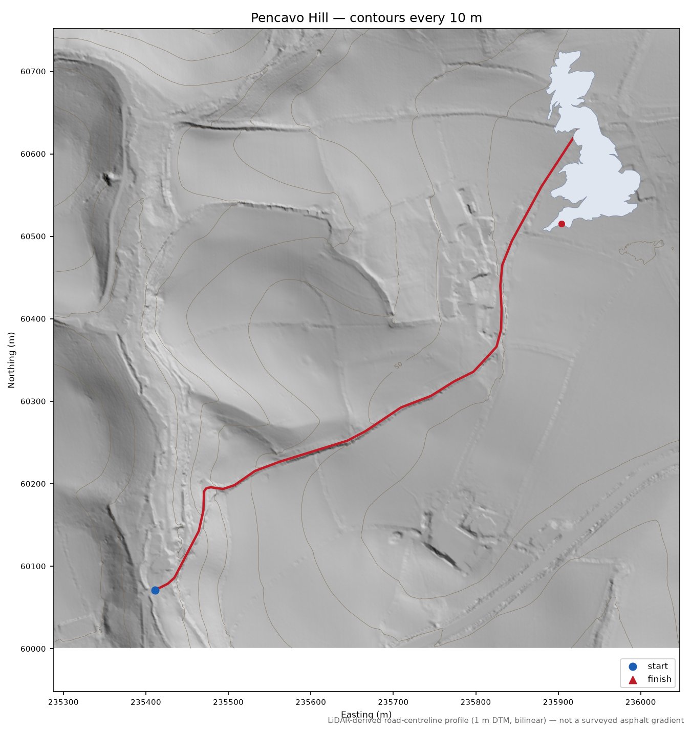 Pencavo Hill LiDAR hillshade map with contours