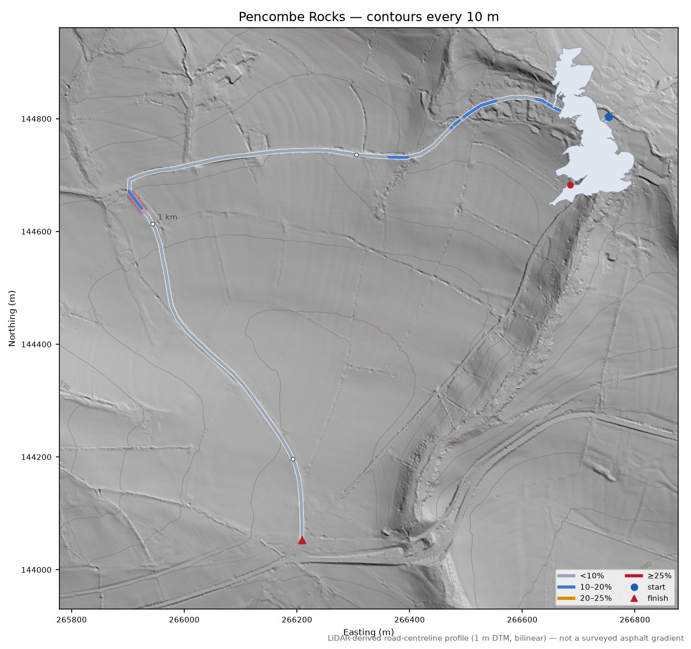 Pencombe Rocks LiDAR hillshade map with contours