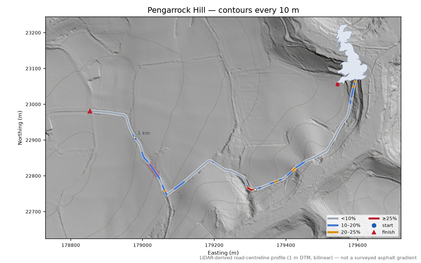 Pengarrock Hill LiDAR hillshade map with contours