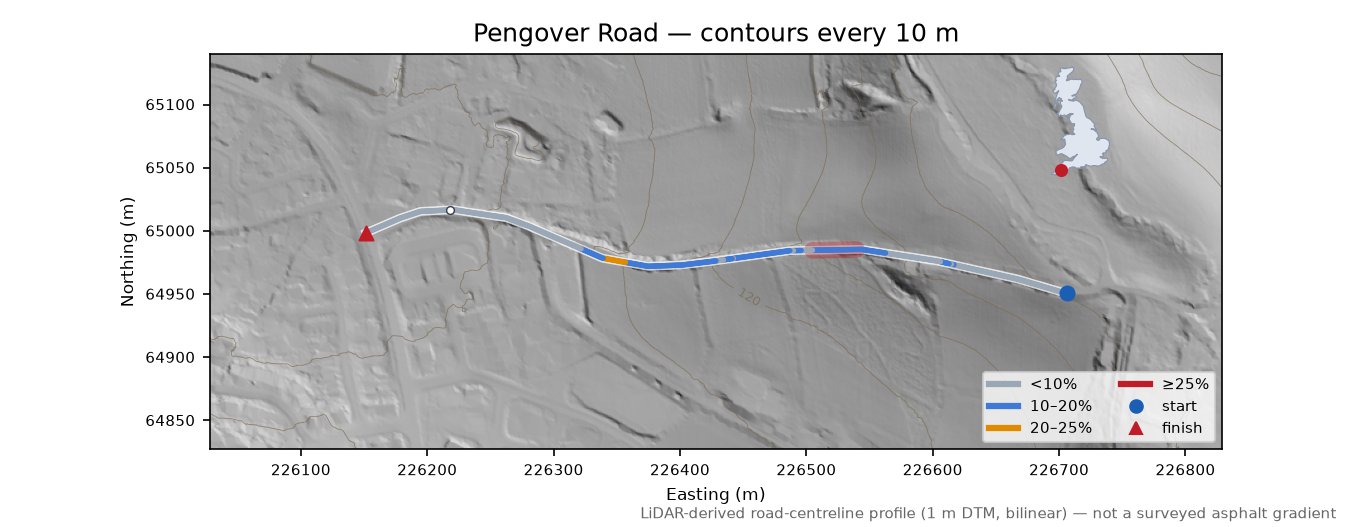 Pengover Road LiDAR hillshade map with contours