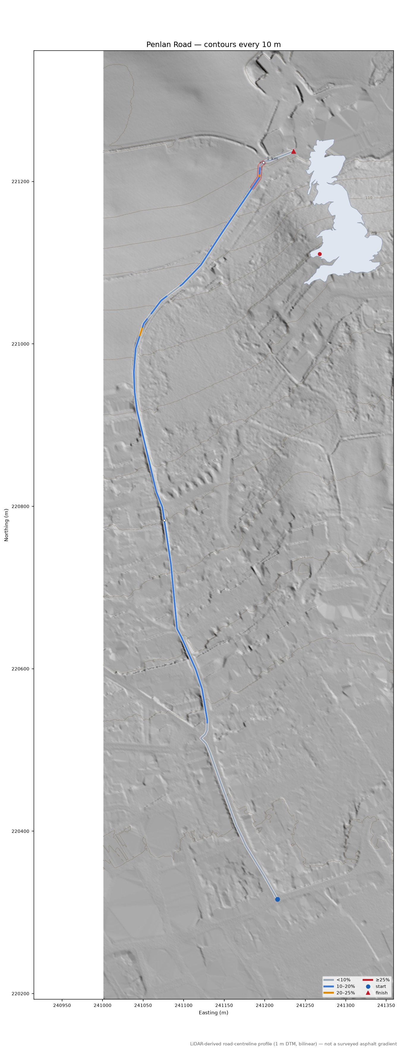 Penlan Road LiDAR hillshade map with contours