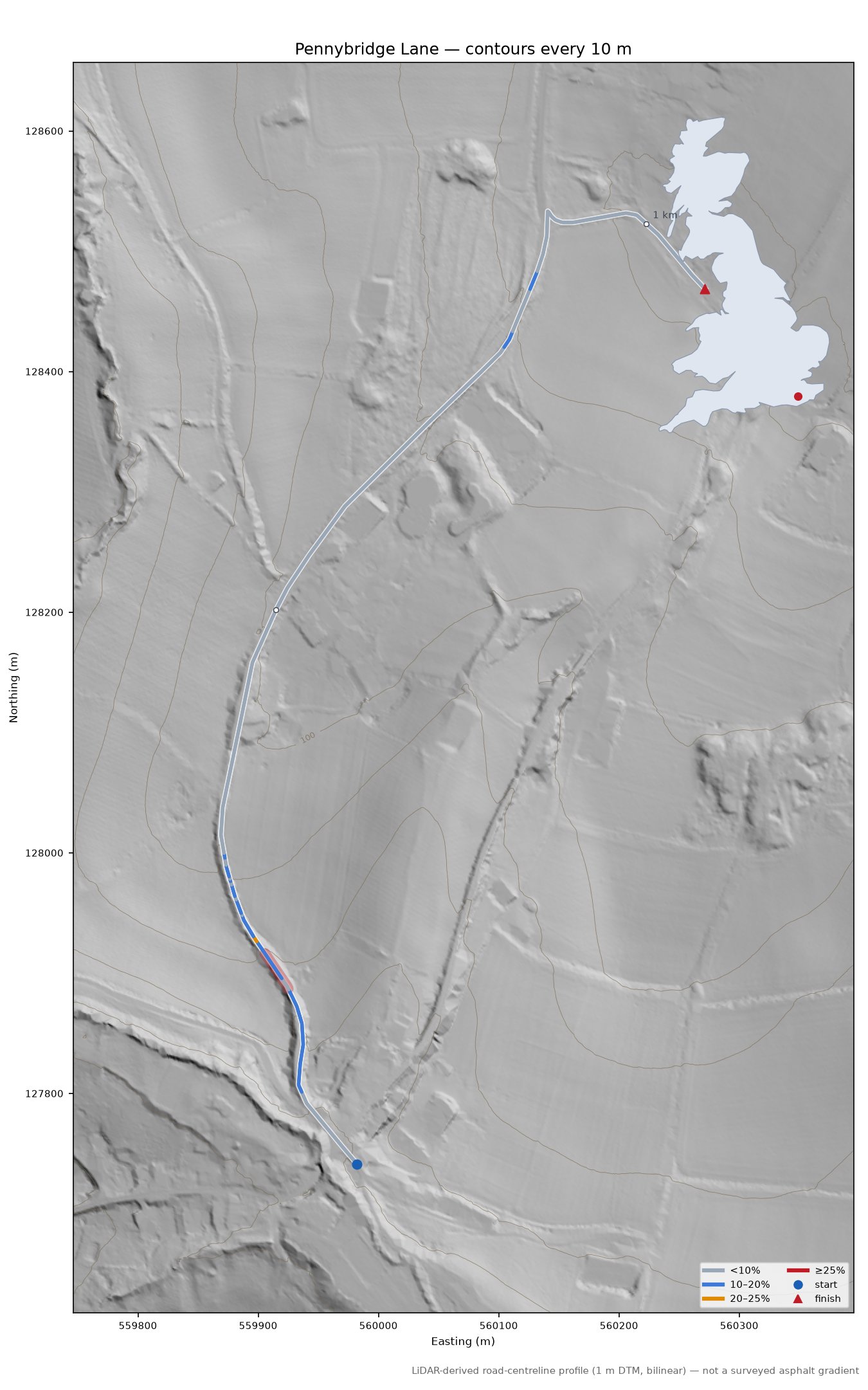 Pennybridge Lane LiDAR hillshade map with contours