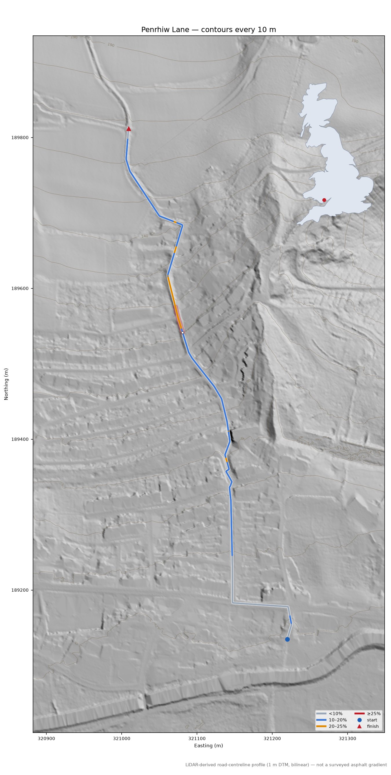 Penrhiw Lane LiDAR hillshade map with contours