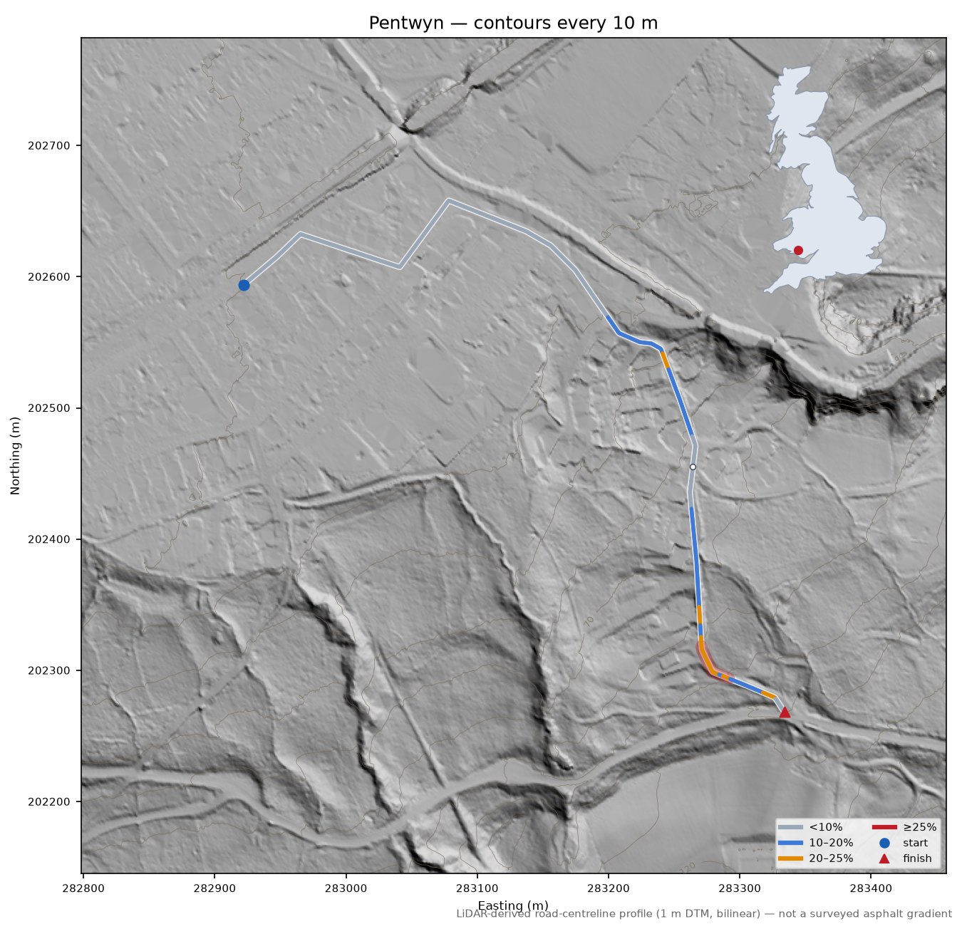 Pentwyn LiDAR hillshade map with contours